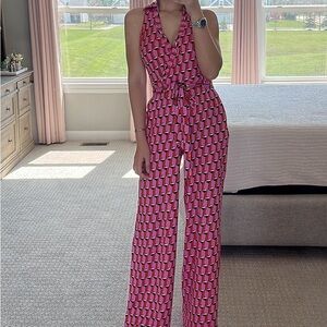 DIANE VON FURSTENBERG 70’ Geometric Print Wide Leg Collard Jumpsuit NWT Sz XS